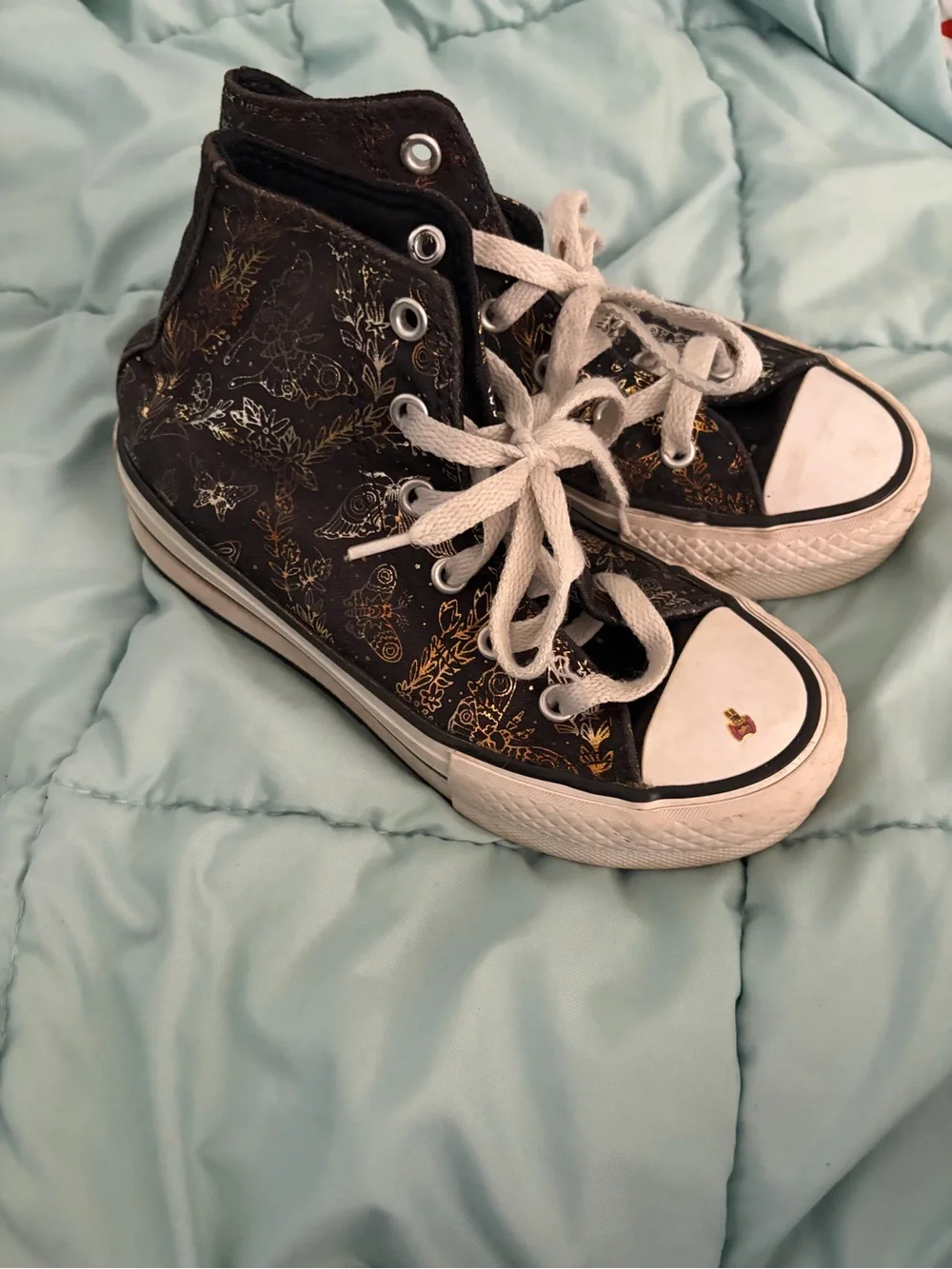 Converse Black High-Top Sneakers with Gold Metallic Butterfly and Floral Print